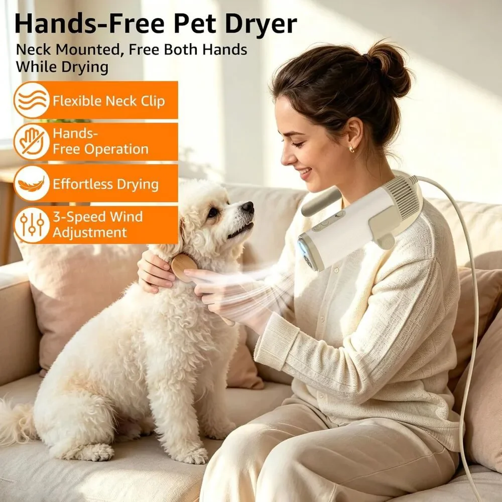 Hands-Free Dog Hair Dryer Neck-Hanging Pet Grooming Blower Beige